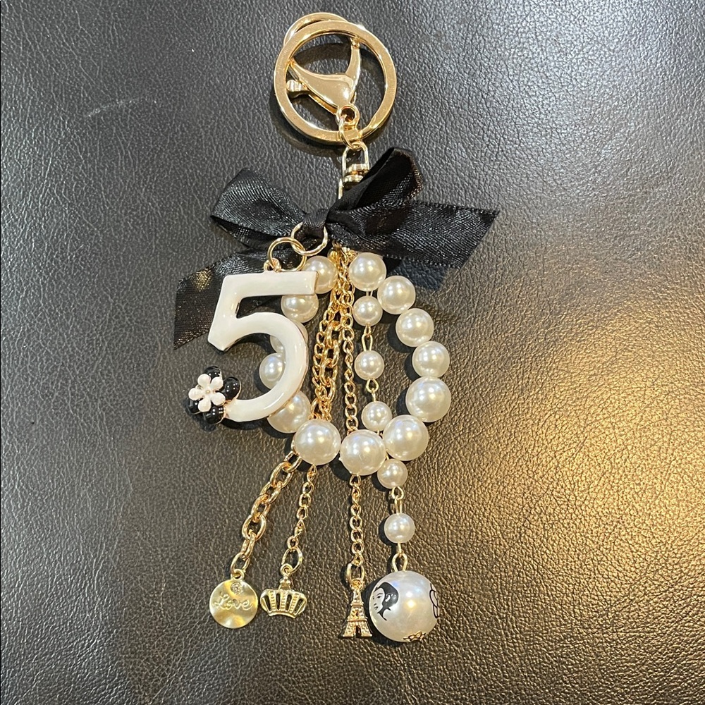 Elegant White Number 5 Bag Charm with Pearl Accents Luxury Inspired New